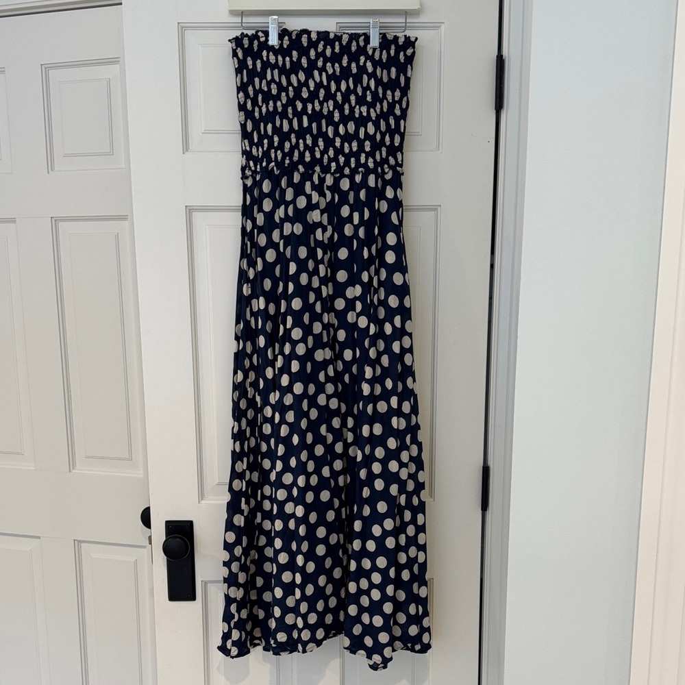 J Crew Polka Dot Navy Strapless Maxi Dress